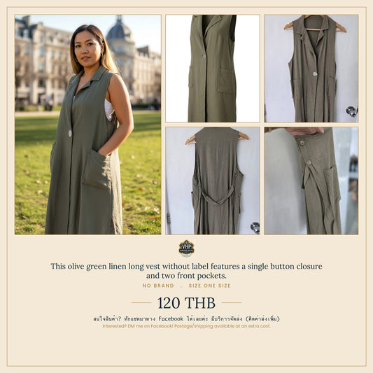 Olive Green Linen Long Vest — Single Button — No Label