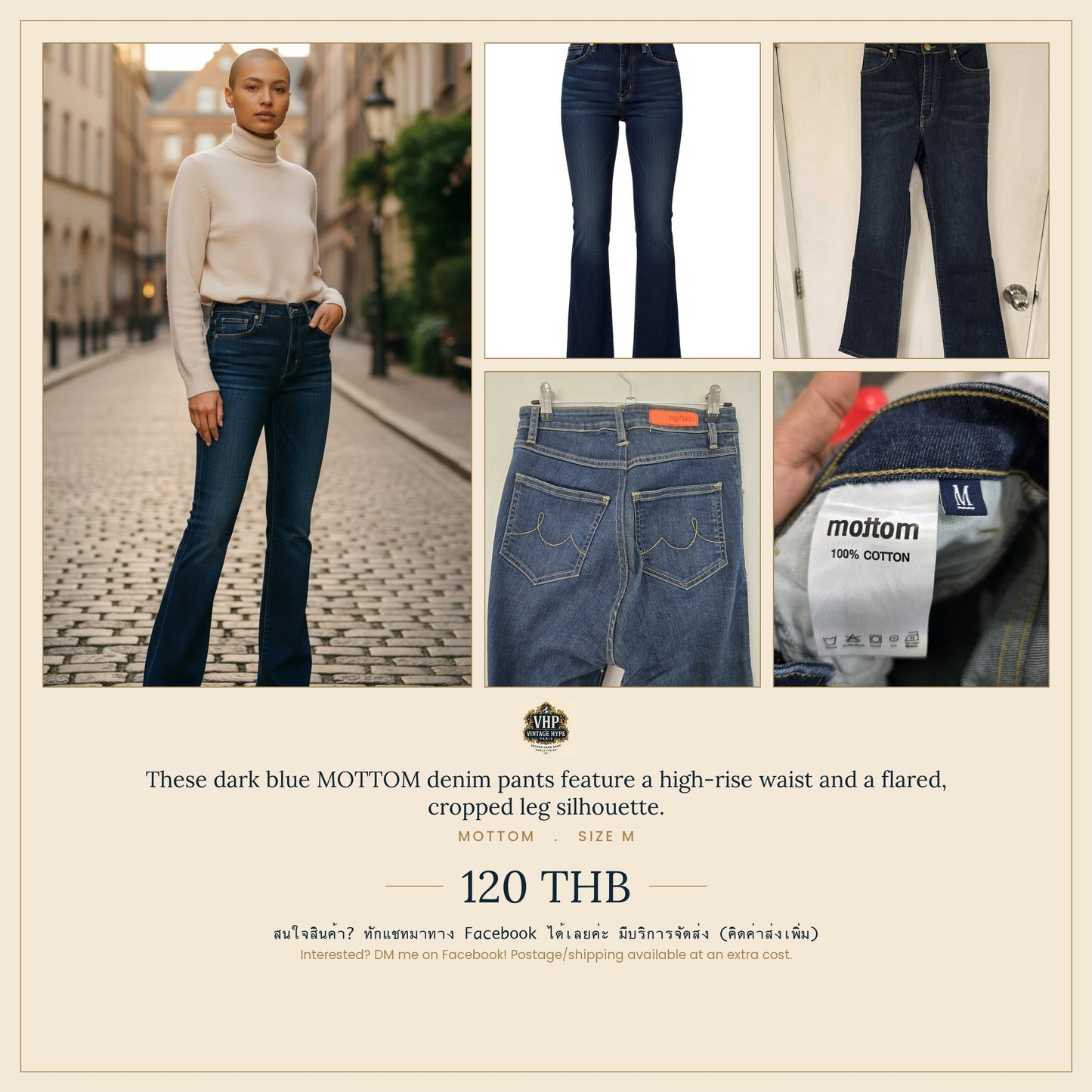 Dark Blue Flared Crop Denim Jeans — High-Rise Five-Pocket — Mottom