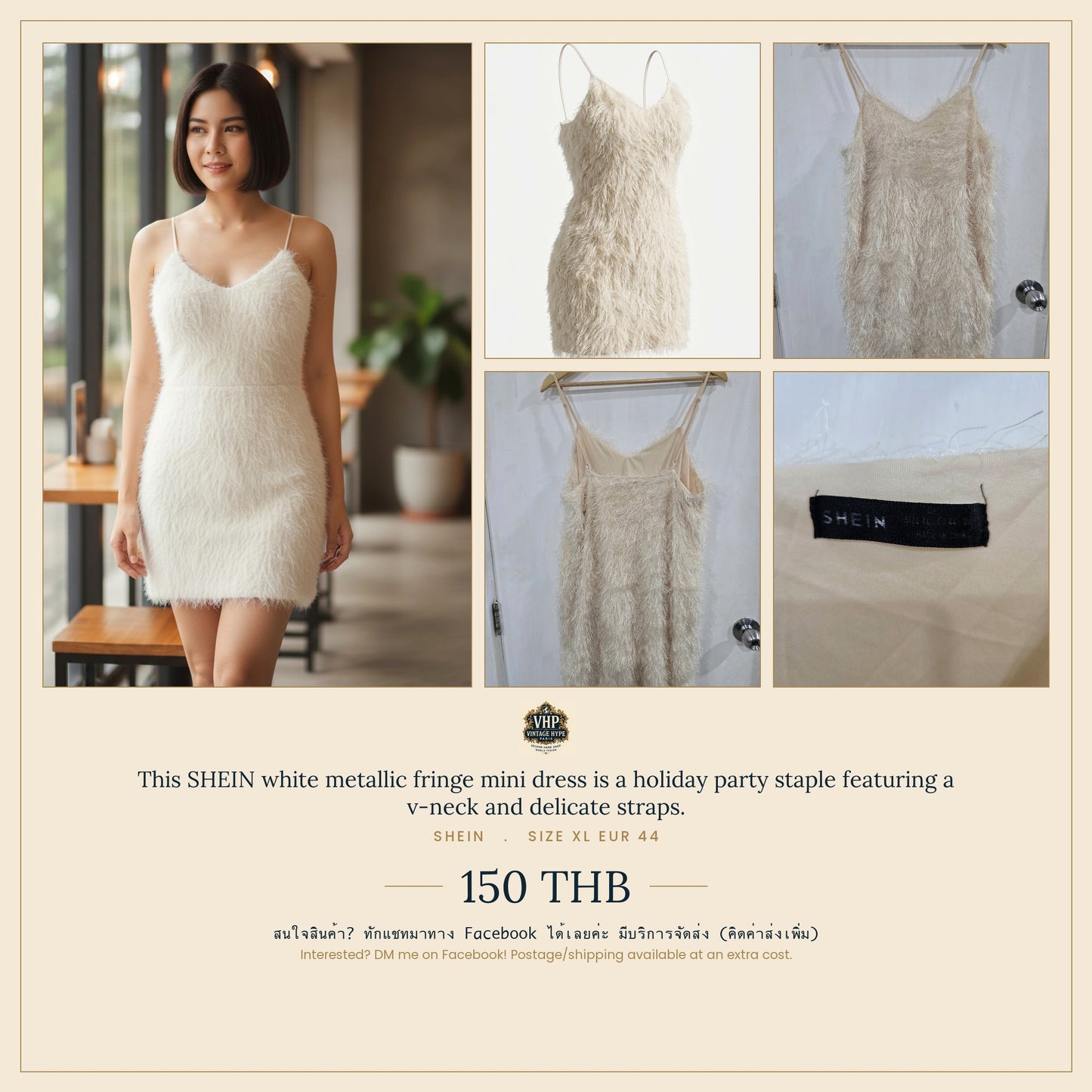White Metallic Fringe Mini Dress — V-Neck Spaghetti Strap — SHEIN