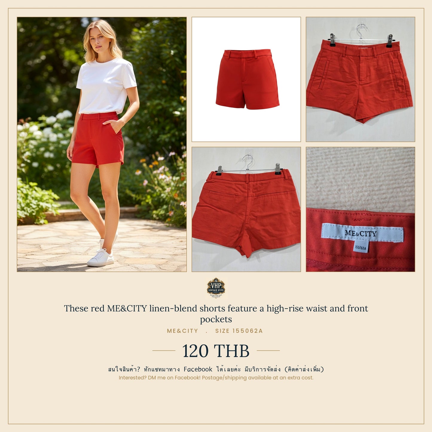 Red Linen-Blend High-Rise Shorts — Smart-Casual Summer — ME&CITY