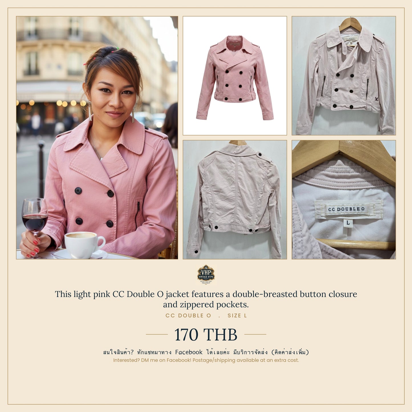 Light Pink Double-Breasted Jacket — Structured Zippered Pockets — CC Double O