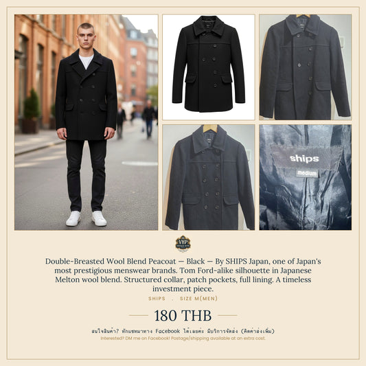 Double-Breasted Wool Blend Peacoat — Black — SHIPS Japan