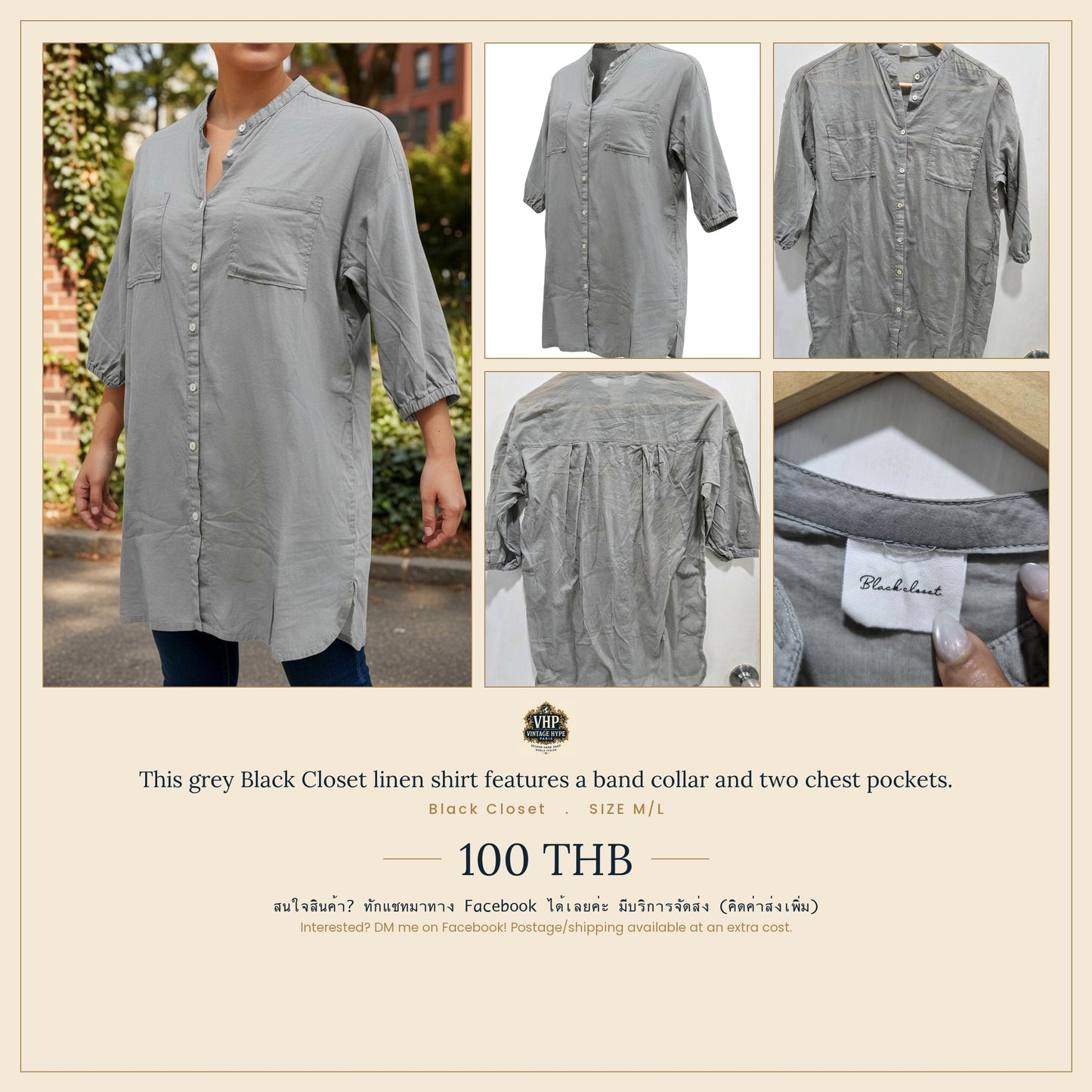 Black Closet Grey Linen Band Collar Shirt