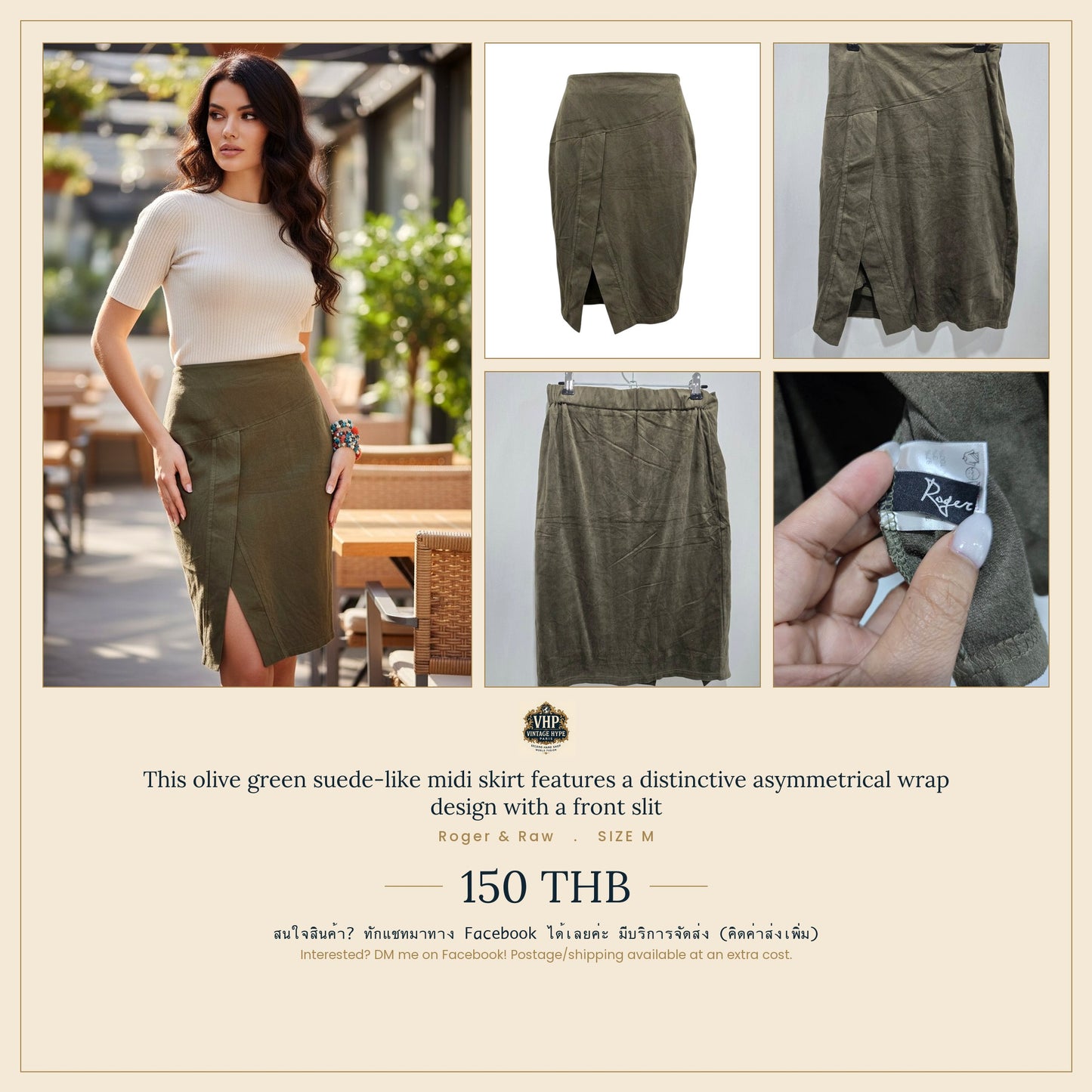 Roger & Raw Olive Green Asymmetrical Wrap Midi Skirt