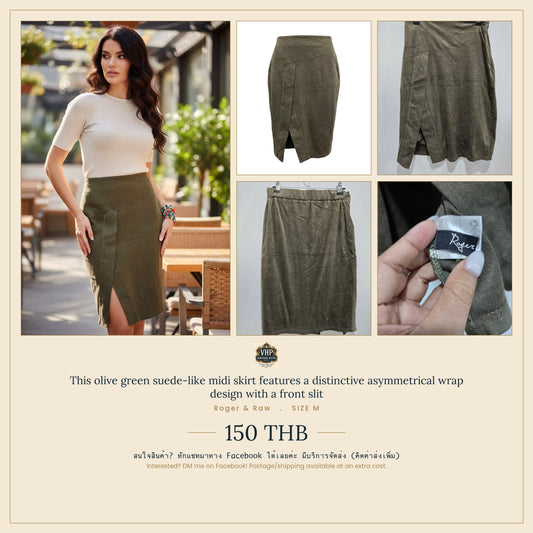 Roger & Raw Olive Green Asymmetrical Wrap Midi Skirt