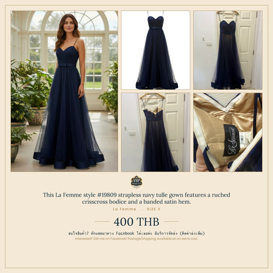 La Femme Navy Tulle Strapless Gown