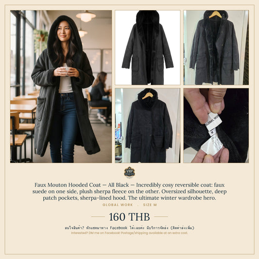 Faux Mouton Hooded Coat — All Black — Global Work