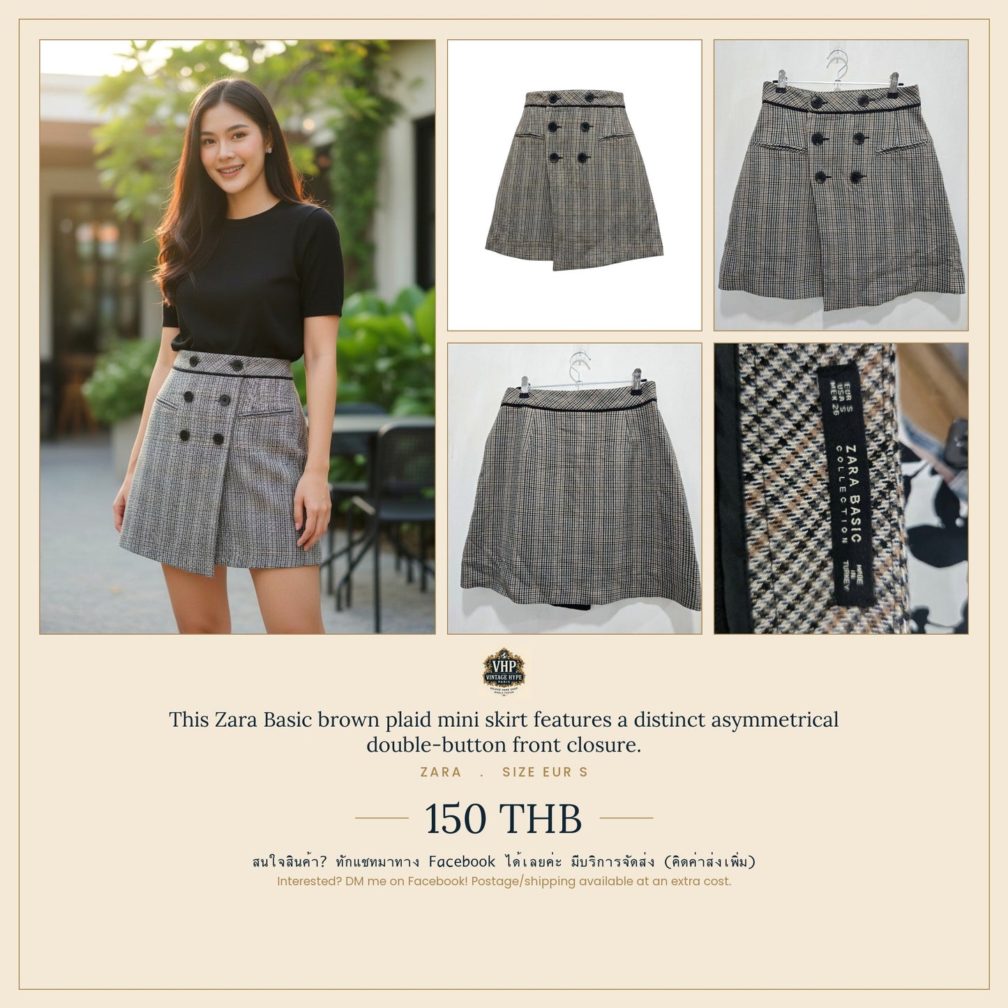 Zara Basic Brown Plaid Mini Skirt Asymmetrical EUR S