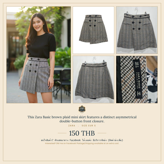 Zara Basic Brown Plaid Mini Skirt Asymmetrical EUR S