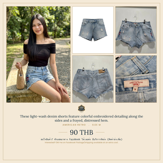 American Retro Light Wash Embroidered Distressed Denim Shorts Size M