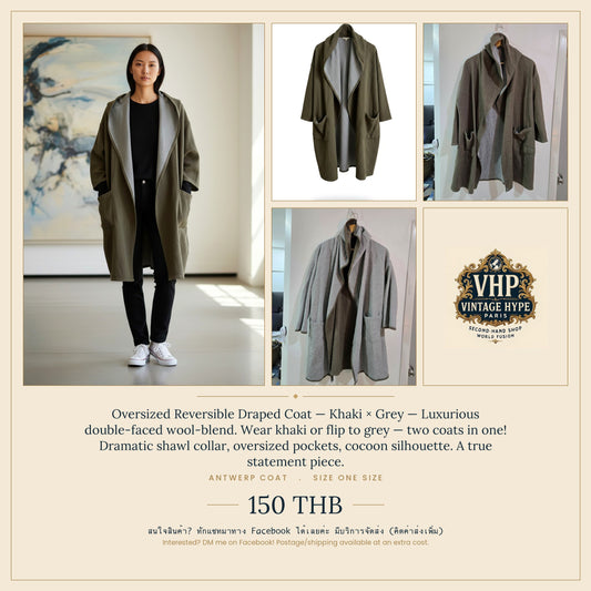 Oversized Reversible Draped Coat — Khaki × Grey — Antwerp Coat