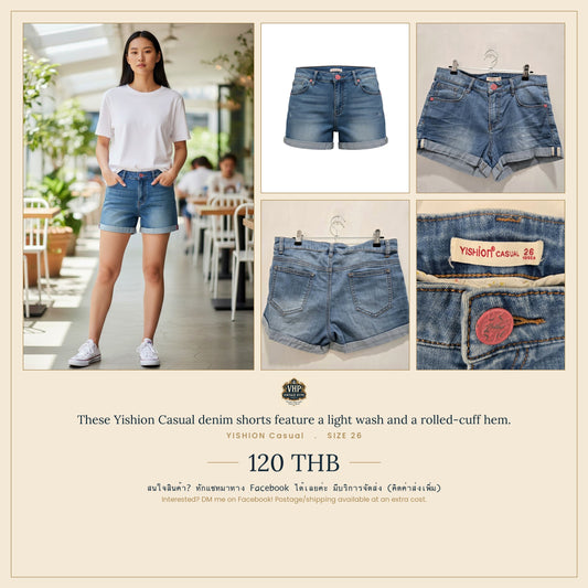 Yishion Casual Light Wash Rolled-Cuff Denim Shorts Size 26