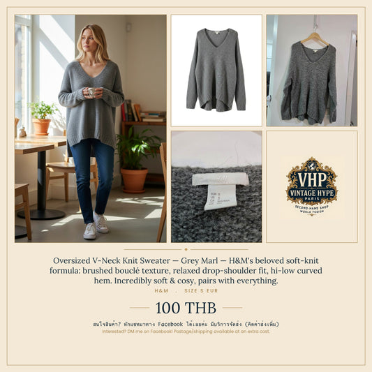 Oversized V-Neck Knit Sweater — Grey Marl — H&M