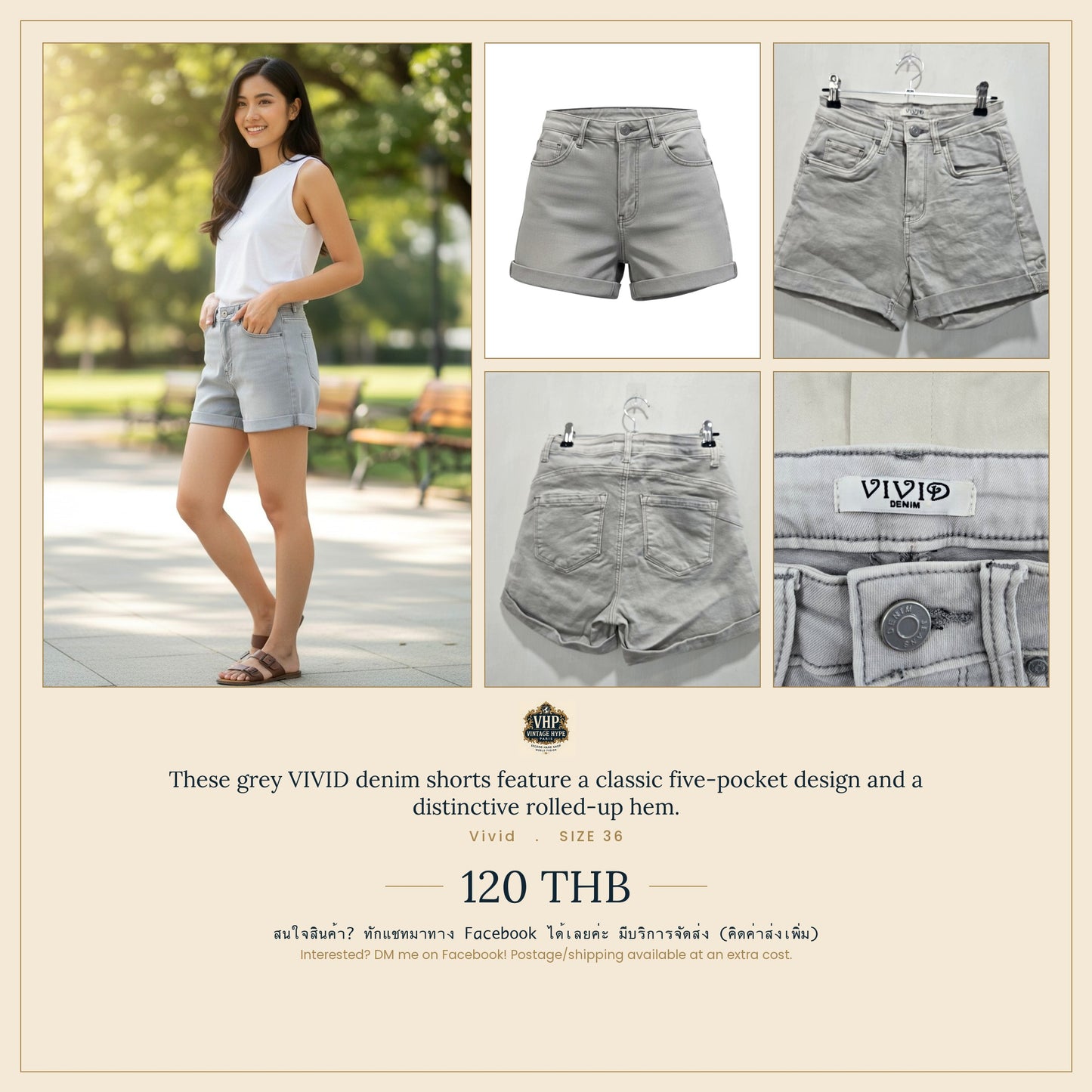 Vivid Grey Rolled-Cuff Denim Shorts Size 36