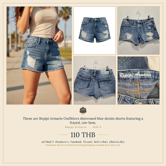 Distressed Blue Denim Shorts — Frayed Raw Hem — Repipi Armario