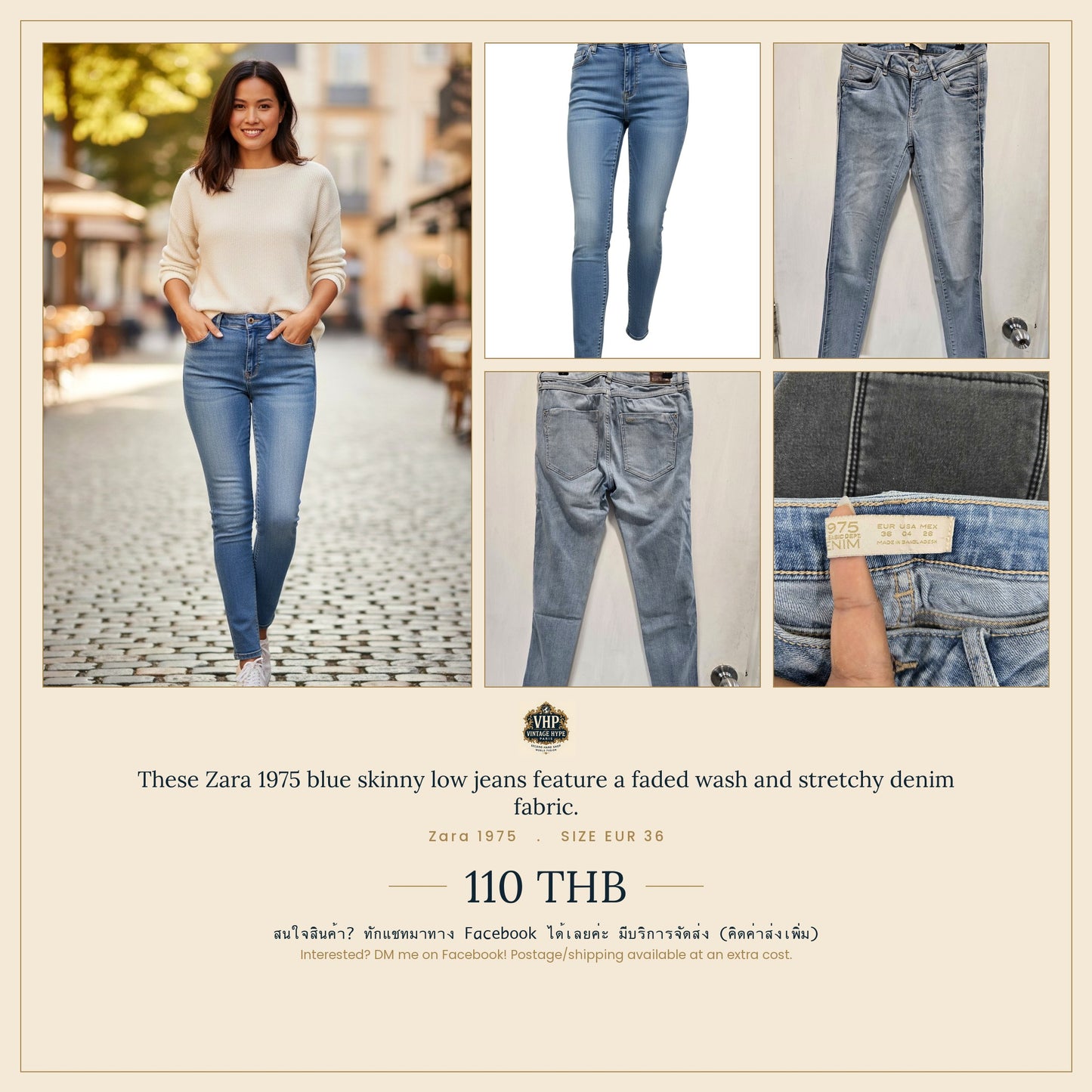 Zara 1975 Blue Faded-Wash Skinny Low Jeans Size EUR 36