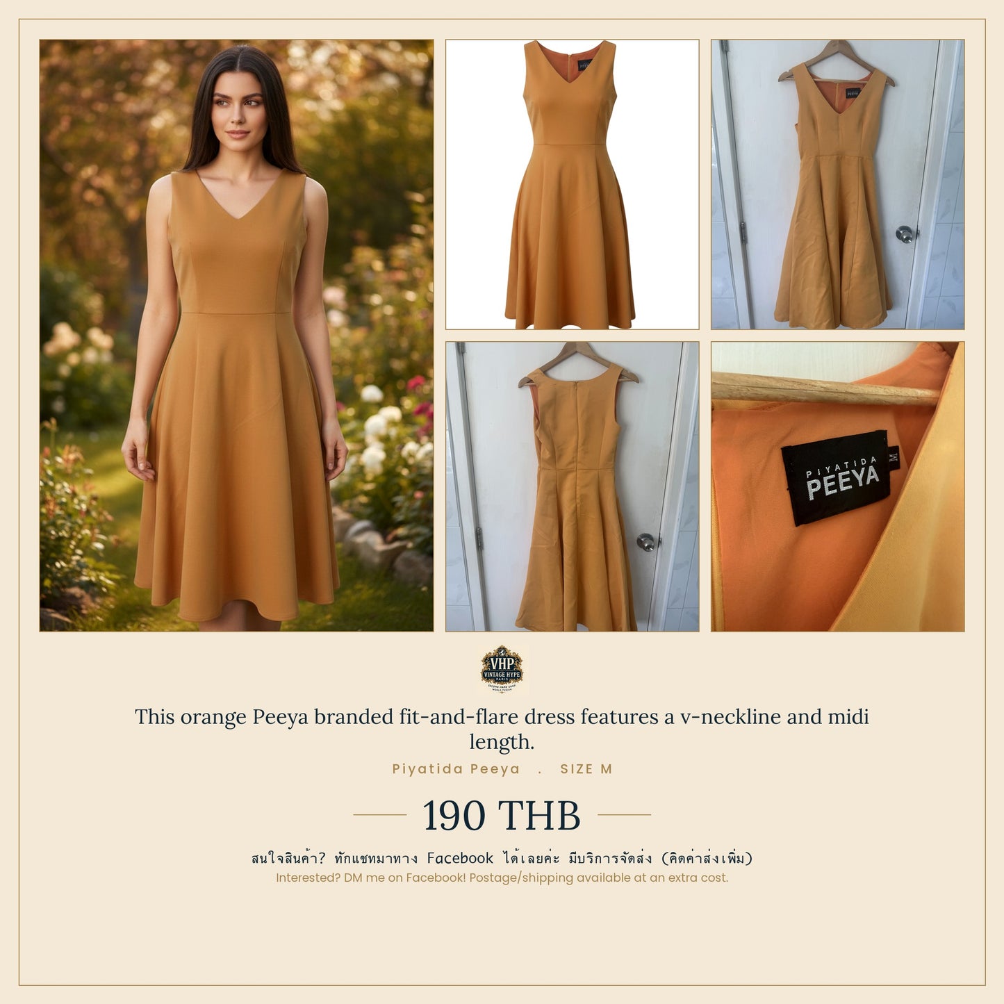 Orange Fit-and-Flare V-Neck Midi Dress — Warm Caramel Tone — Piyatida Peeya