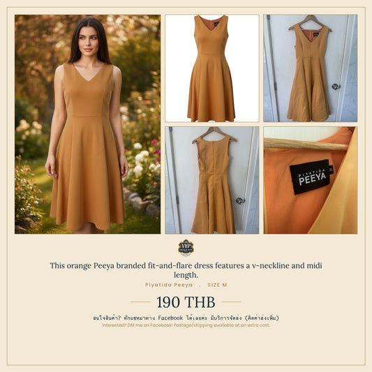 Orange Fit-and-Flare V-Neck Midi Dress — Warm Caramel Tone — Piyatida Peeya