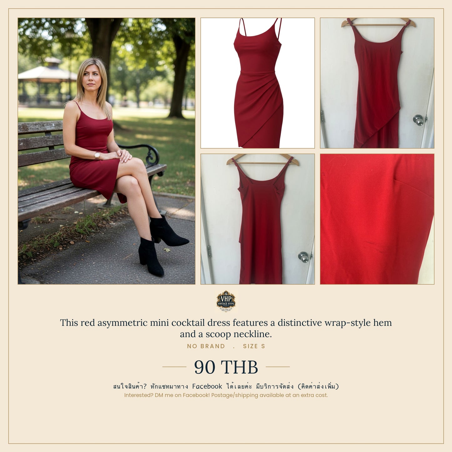 Red Asymmetric Wrap-Hem Cocktail Mini Dress — Bodycon Scoop Neck — No Label