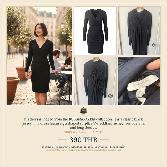 Black Draped V-Neck Ruched Jersey Mini Dress — Long Sleeve Elegant — BCBG Maxazria