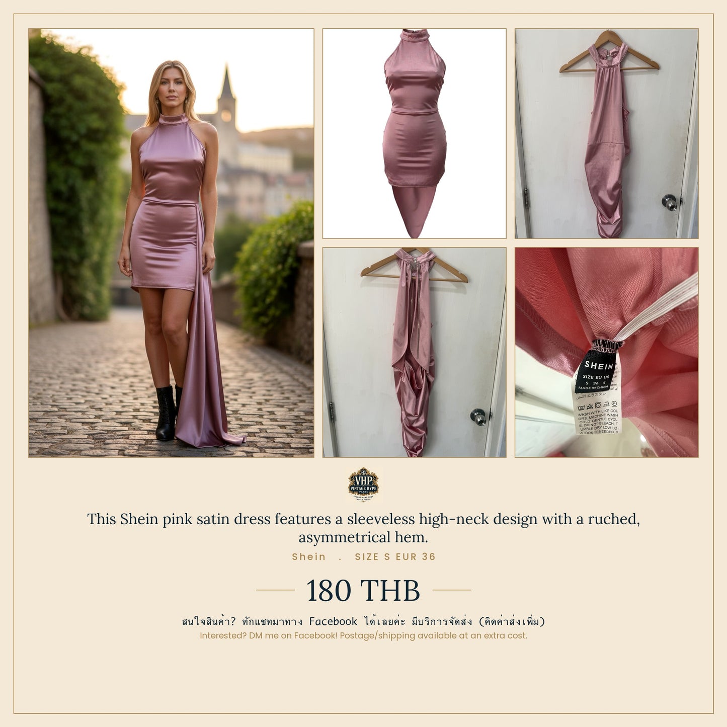 Pink Satin High-Neck Asymmetric Hem Mini Dress — Ruched Luxe Finish — Shein