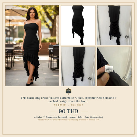 Black Ruffled Asymmetric Hem Ruched Strapless Maxi Dress — Drama in Every Detail — No Label