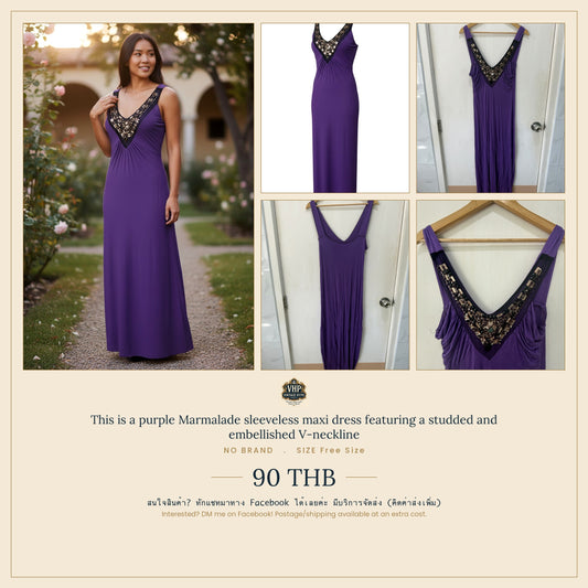 Purple Studded Embellished V-Neck Sleeveless Maxi Dress — Embellished Maximalism — No Label