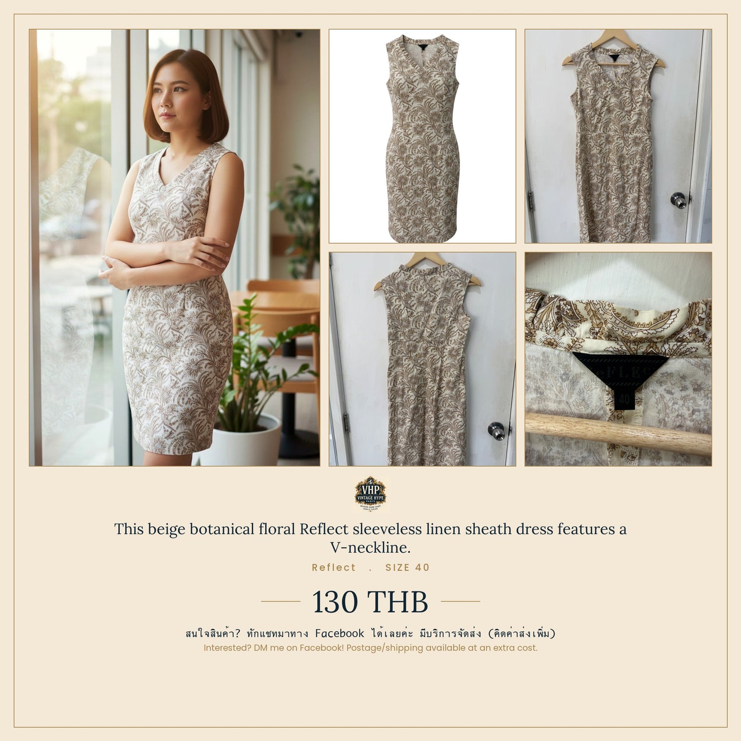 Reflect Beige Botanical Floral Linen Sheath Dress Size 40