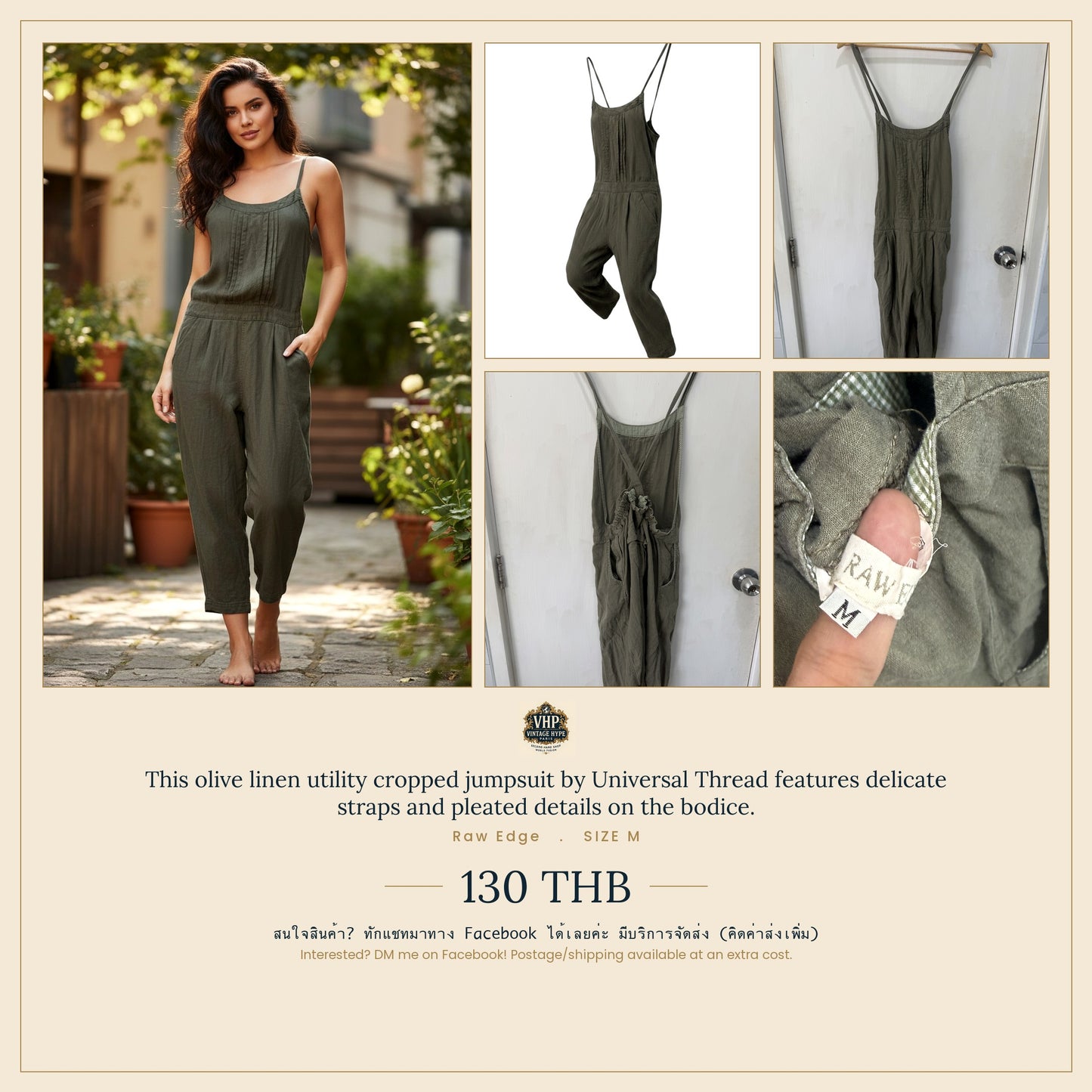 Olive Linen Utility Cropped Jumpsuit — Artisanal Raw-Hem Edge — Raw Edge