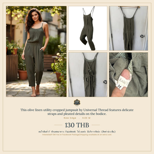 Olive Linen Utility Cropped Jumpsuit — Artisanal Raw-Hem Edge — Raw Edge
