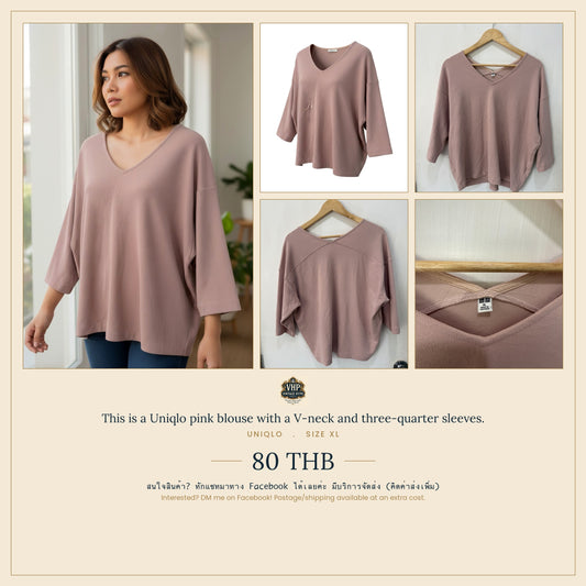 Pink V-Neck Batwing Blouse — Relaxed Feminine Drape — Uniqlo