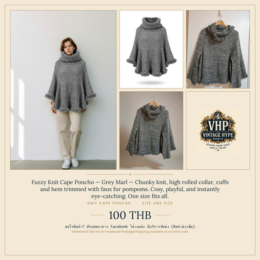 Fuzzy Knit Cape Poncho — Grey Marl