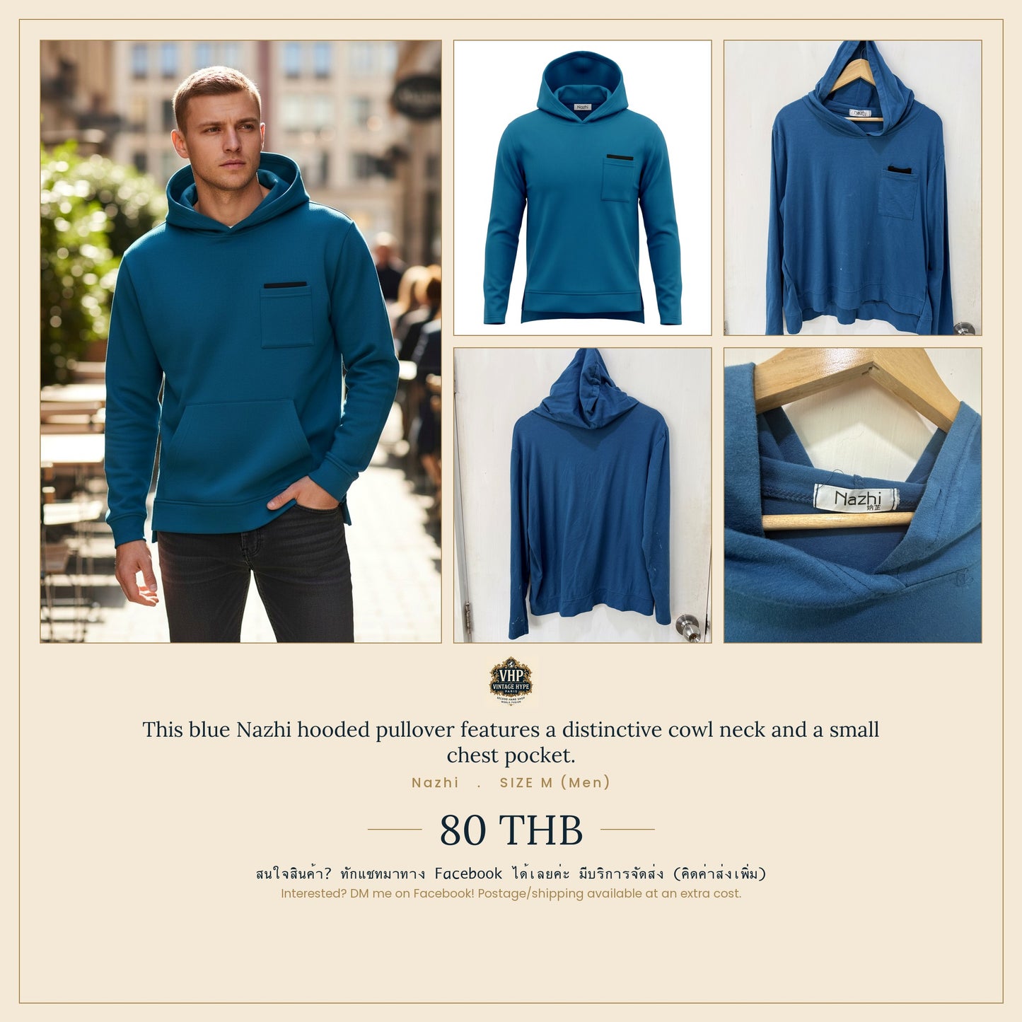 Nazhi Blue Cowl-Neck Hooded Pullover Size M Men