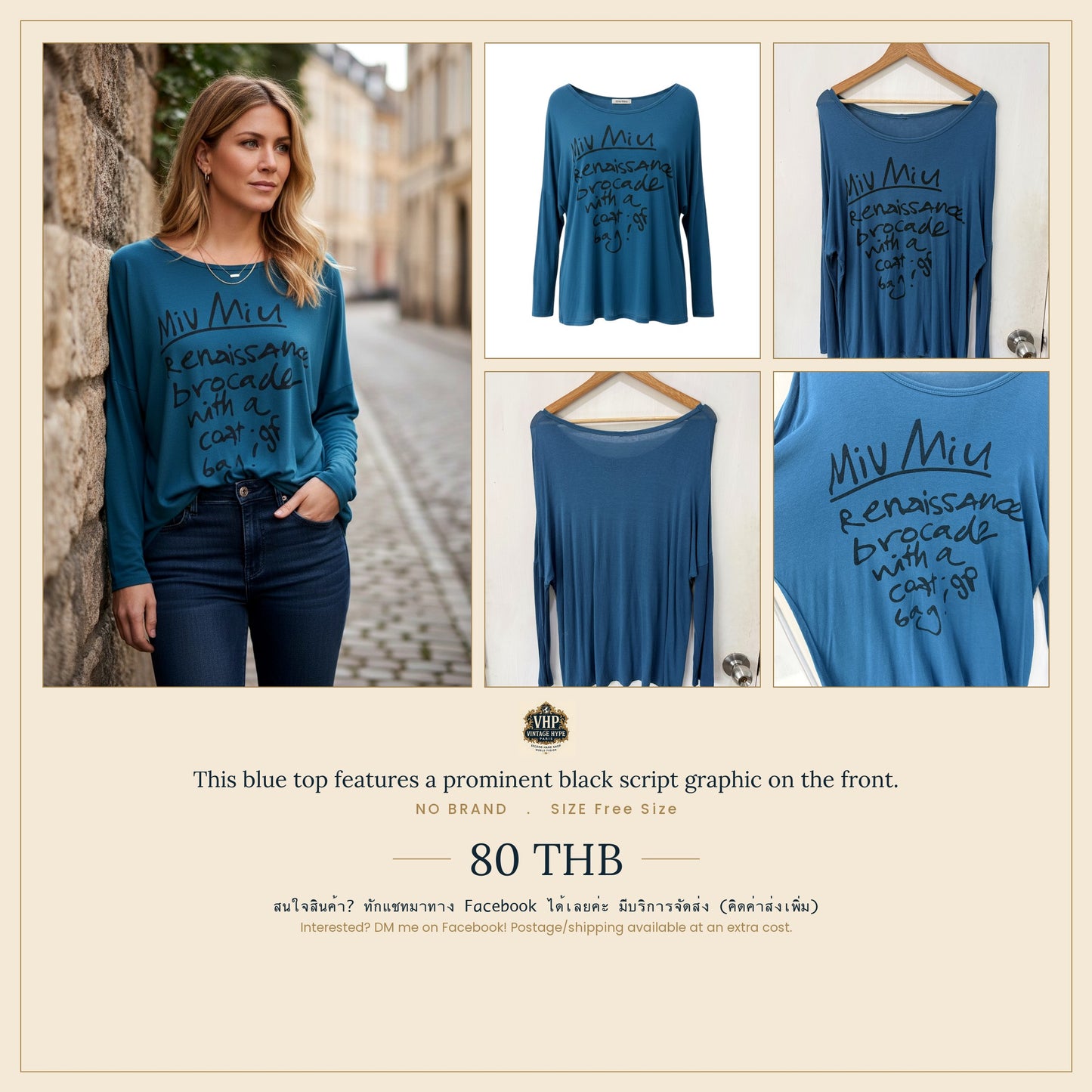 No Brand Blue Miu Miu Script Graphic Long-Sleeve Top Free Size