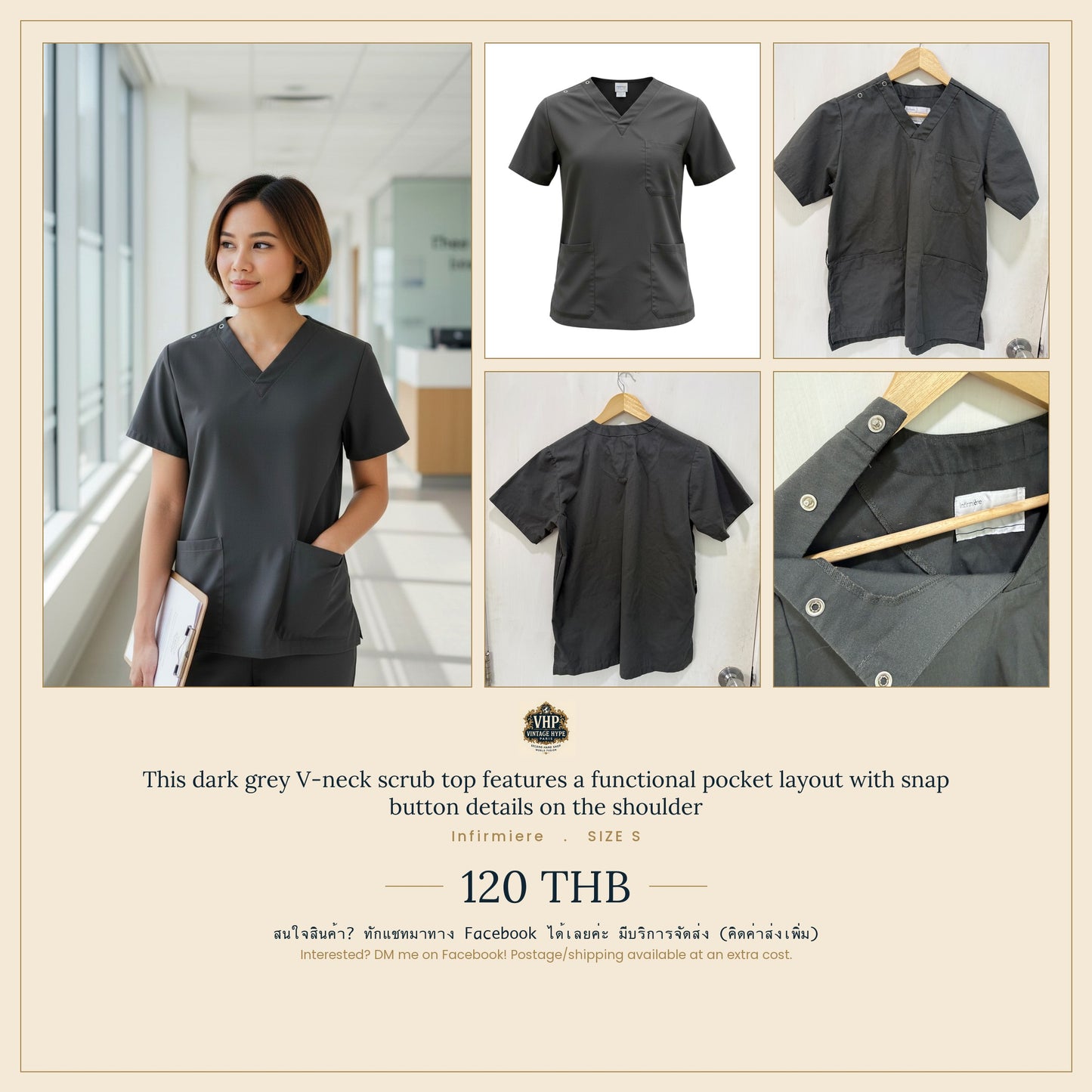 Infirmiere Dark Grey V-Neck Scrub Top S