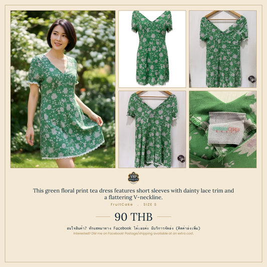Green Floral Print Tea Dress with Lace Trim — Romantic Garden Romance — FruitCake