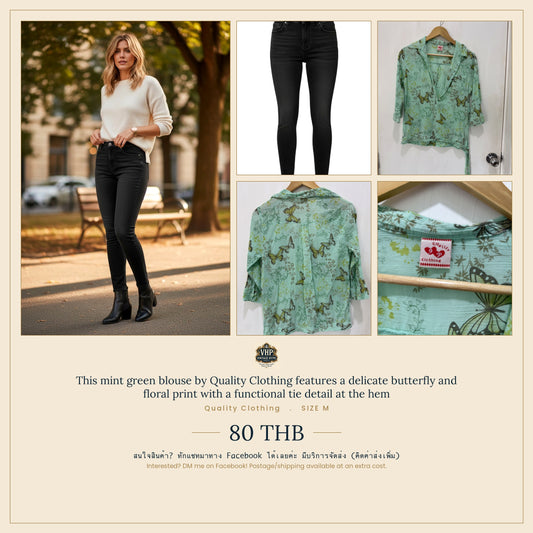 Mint Green Butterfly Floral Print Tie-Hem Blouse — Whimsical Print Charm — Quality Clothing
