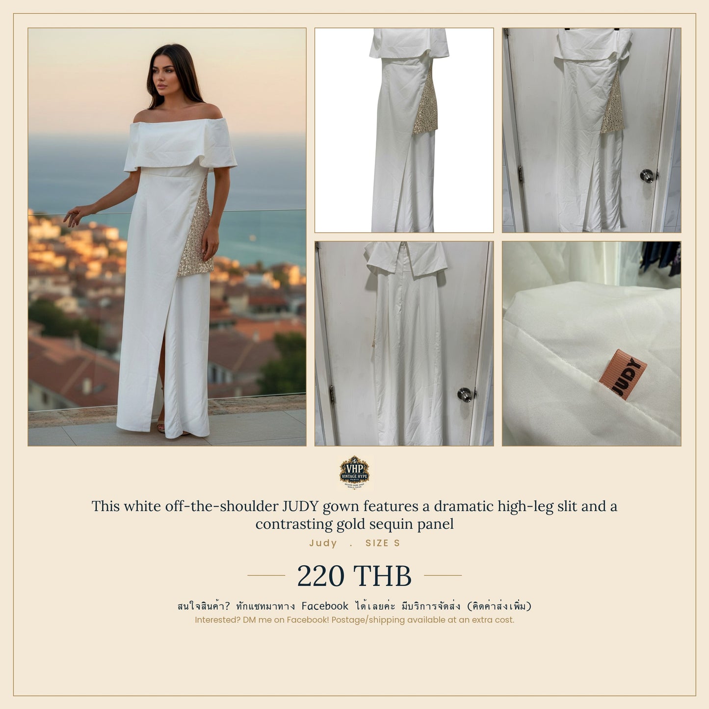 Judy White Off-Shoulder Gown High-Leg Slit Gold Sequin Panel S
