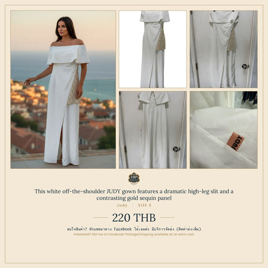 White Off-Shoulder High-Slit Gold Sequin Panel Gown — Glam Occasion Drama — Judy