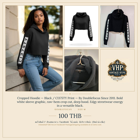 Cropped Hoodie — Black CI375TY Print — Doublefocus