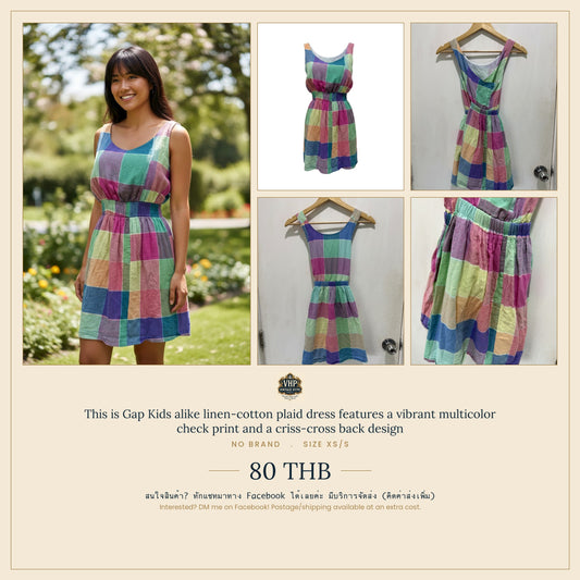 Multicolour Plaid Linen-Cotton Dress — Relaxed Bohemian Check Print — No Label
