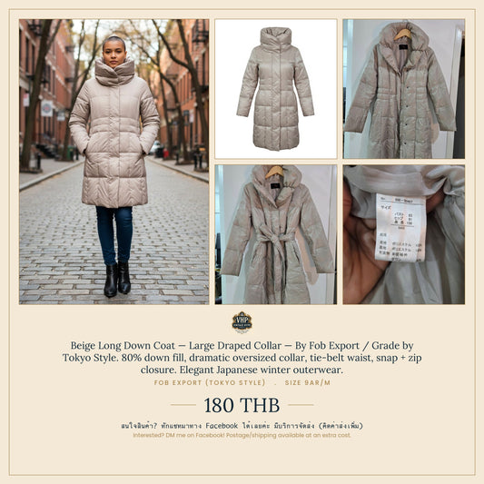 Beige Long Down Coat — Draped Collar — Fob Export Tokyo Style