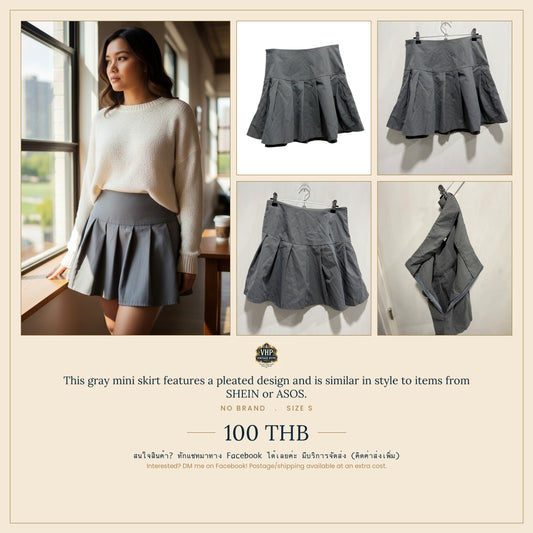 Grey Pleated Mini Skirt — Structured Minimalist Statement — No Label