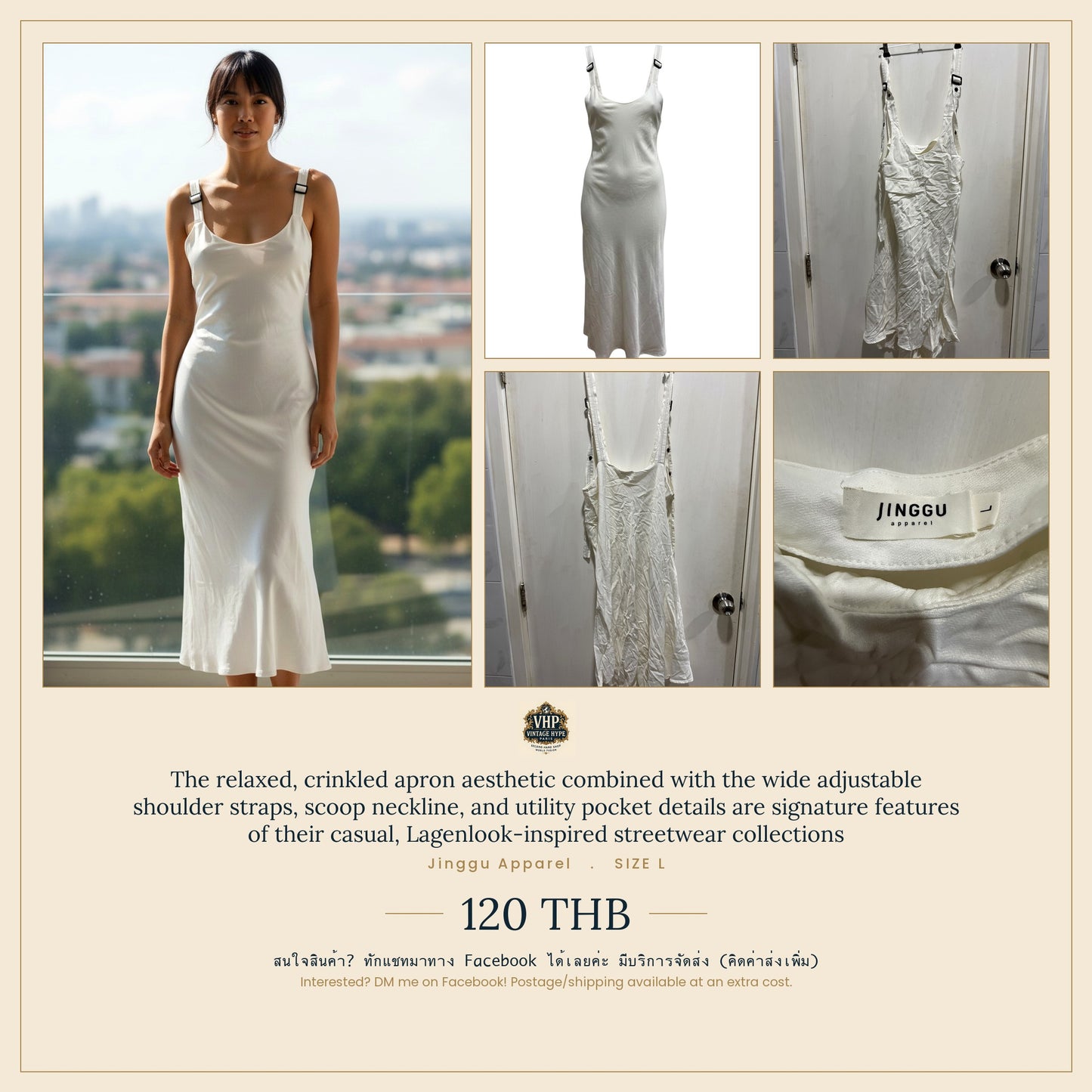 Jinggu Apparel White Crinkled Apron Slip Dress L