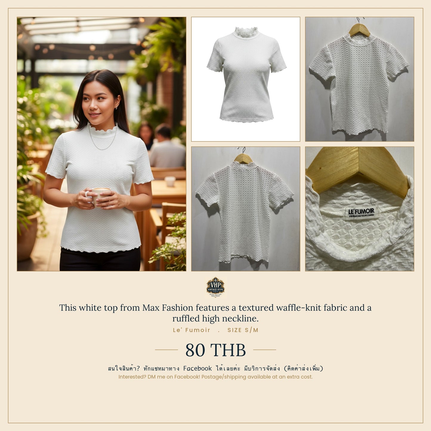 Le' Fumoir White Waffle-Knit Ruffled High-Neck Top S/M