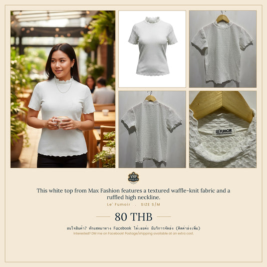 White Waffle-Knit Ruffled High-Neck Top — Textured Feminine Elegance — Le Fumoir