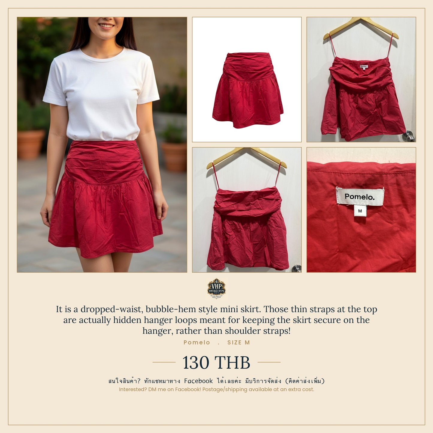 Pomelo Red Dropped-Waist Bubble-Hem Mini Skirt M