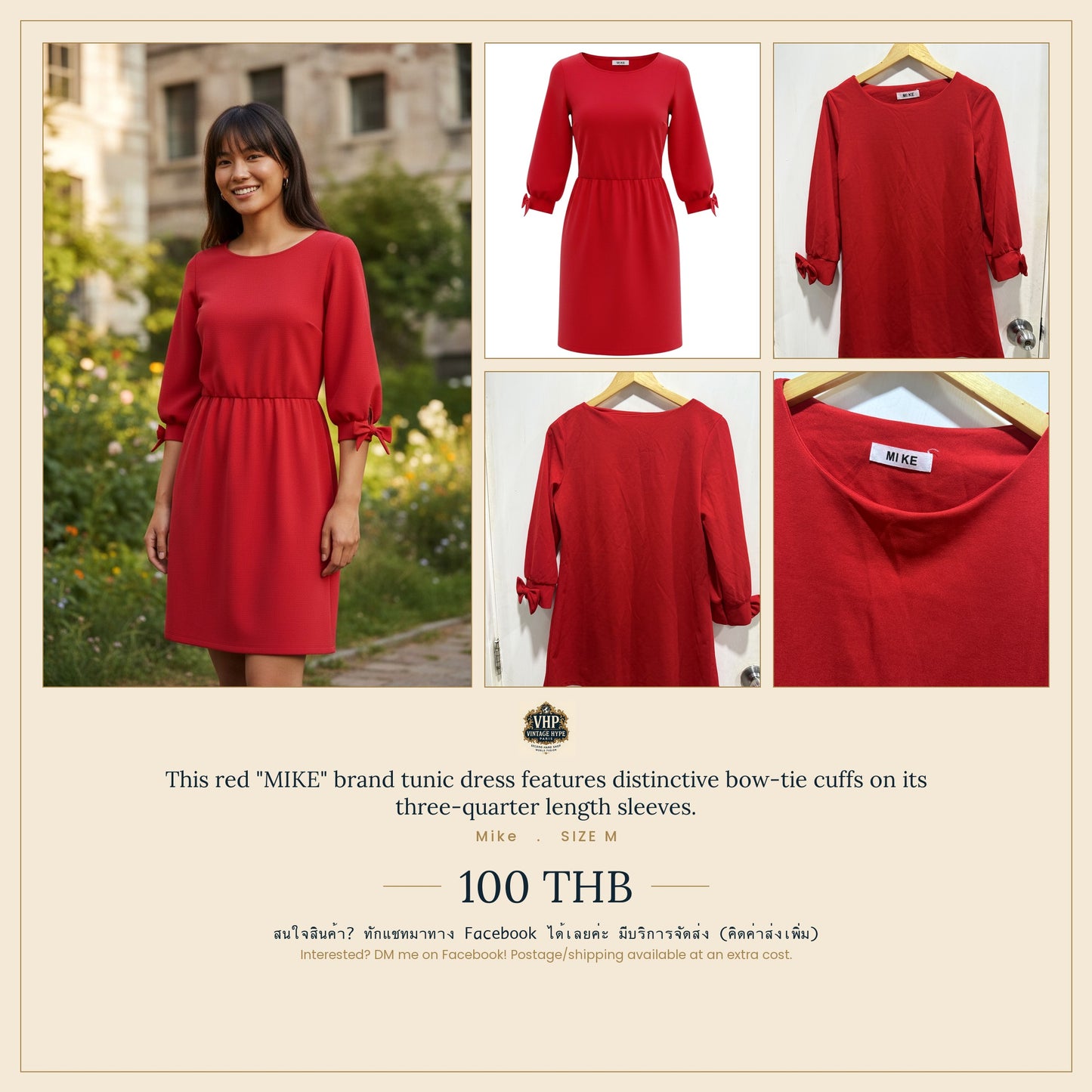 Mike Red Bow-Tie Cuff Three-Quarter Sleeve Dress M