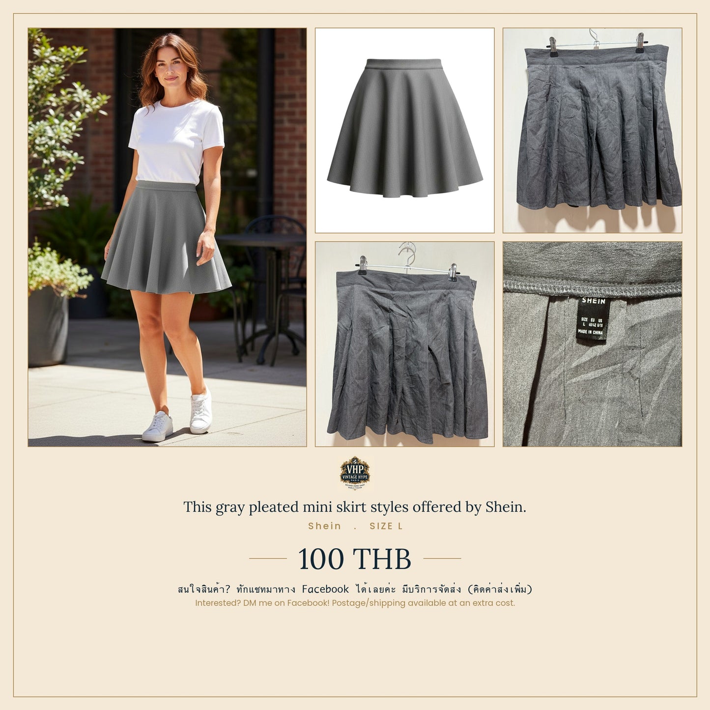 Shein Grey Pleated Mini Skirt L