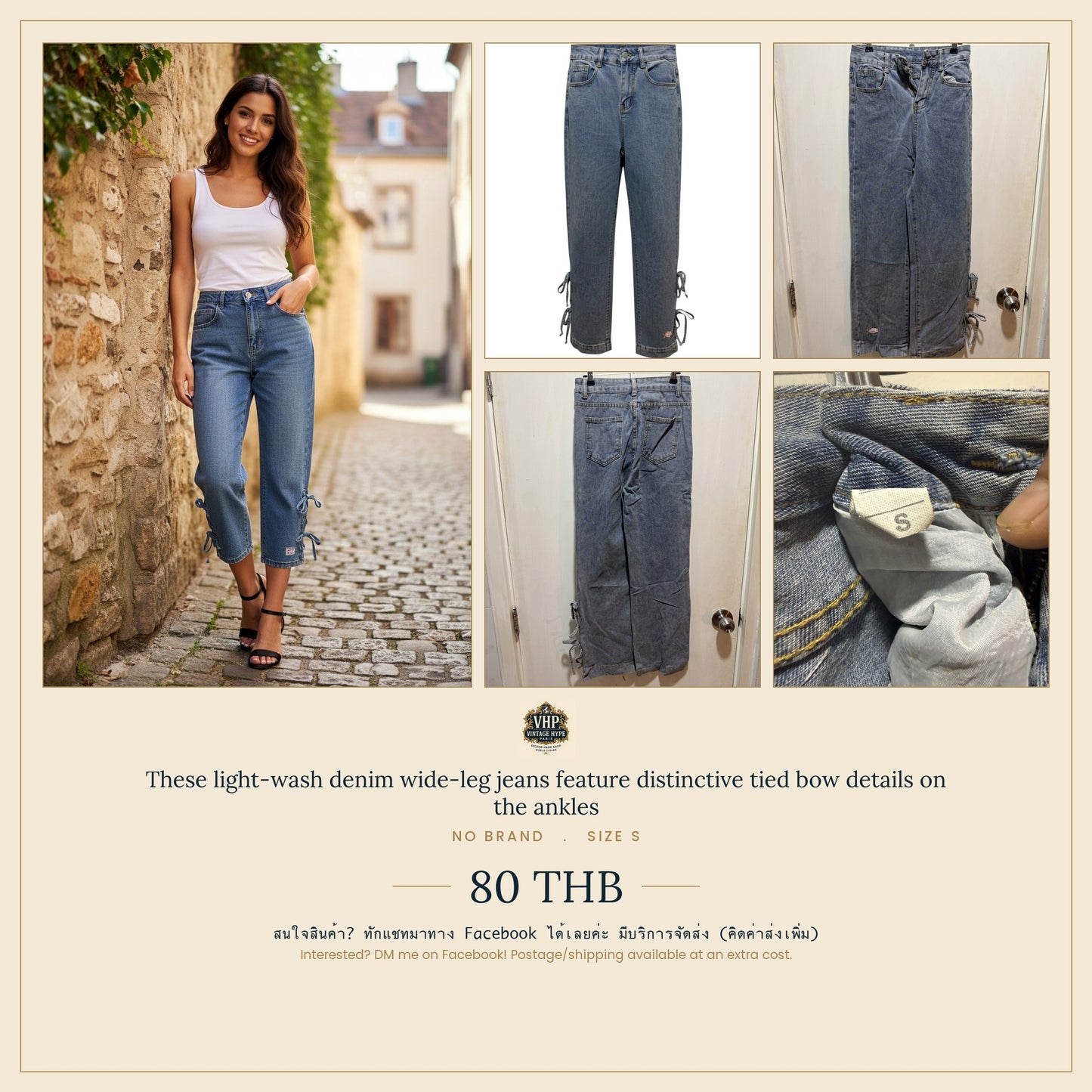 No Brand Light-Wash Denim Wide-Leg Bow-Tie Ankle Jeans S